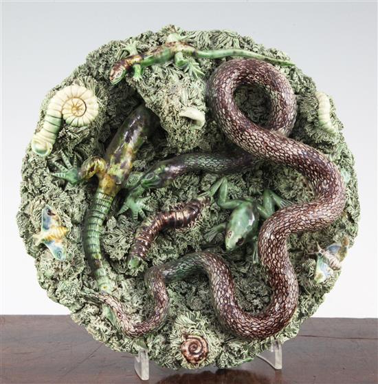 A Caldas Rainha Palissy style amphibian and reptile dish, late 19th century, 24cm, small losses